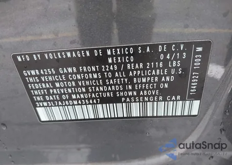 2013 Volkswagen Jetta 2.0L Tdi from USA, damaged, VIN 3VW3L7AJ6DM435447